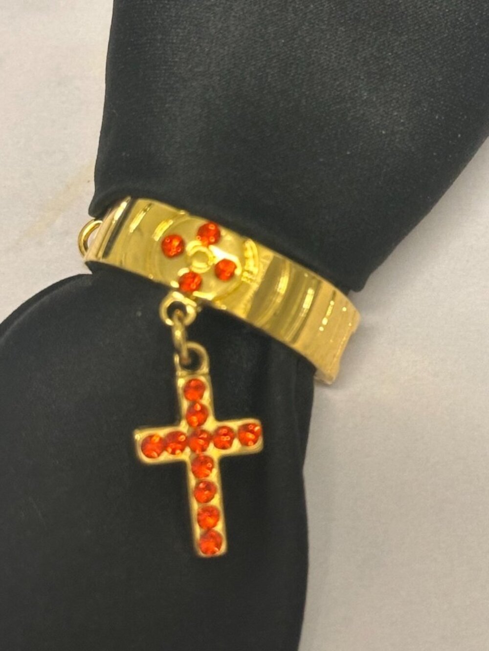 3/$30 Necktie Clip Gold Tone Dangle Cross Orange Rhinestone Dangle Tie Accessory